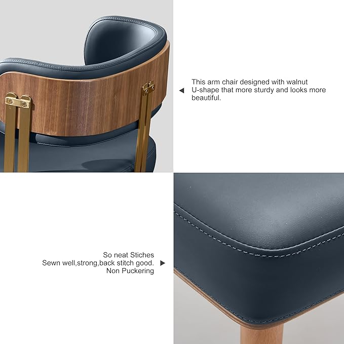 Modern Upholstered Leather Dining Chairs with High-Resilience Foam Cushion, Walnut Wood Veneer&Gold Metal Legs, 22Lx20.5Wx28.3H Inches, Anti-Slip Kitchen Chairs for Dining Room,Navy Blue