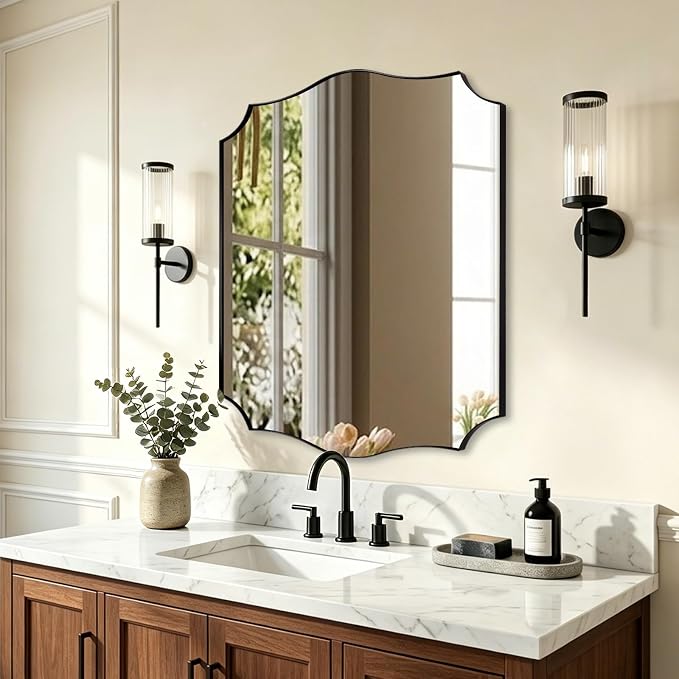 ANDY STAR 24"x30" Black Scalloped Mirror, Bathroom Mirrors for Over Sink, Black Framed Mirror with Elegant Curved Scallop Design, Premium Stainless Steel Thin Frame, Hangs Horizontally or Vertically