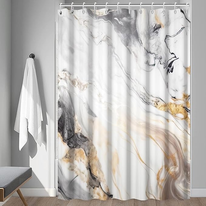 Grey and White Shower Curtain, Modern Grey Marble Shower Curtain for Bathroom Aesthetic Waterproof Shower Curtain Set with Hooks, 72x96 Inch