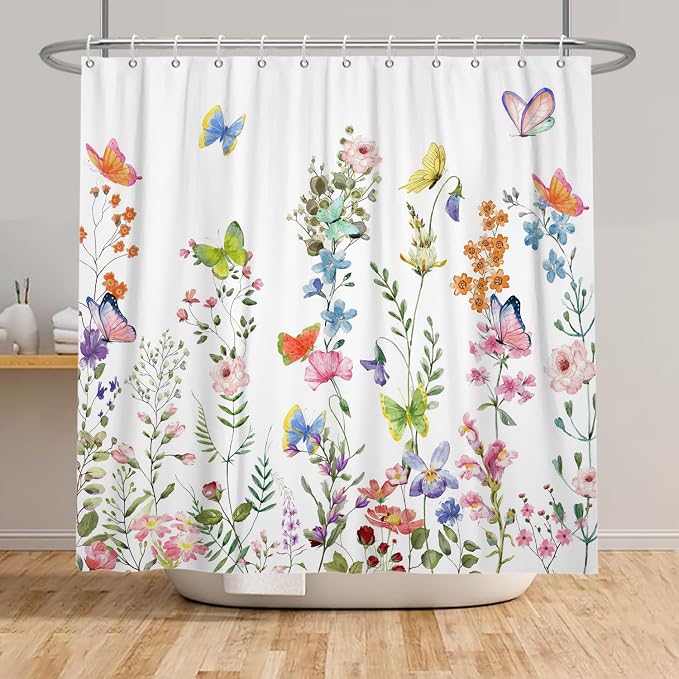 Spring Floral Butterfly Shower Curtain Summer Colorful Wildflowers Botanical Shower Curtain for Rustic Vintage Bathroom Decor Easter Shower Curtain Set 66x72 Inches