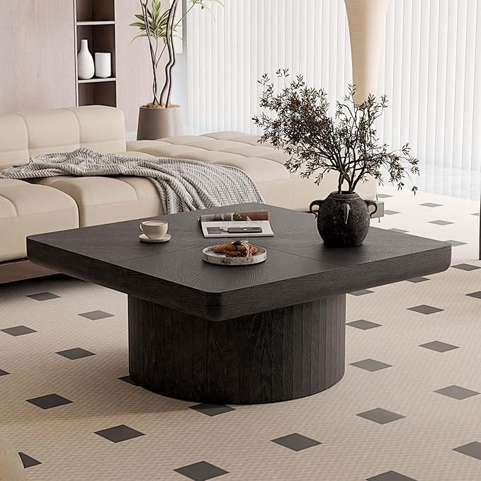 Modern Square Coffee Table with Cylindrical Base, Wood Coffee Table with Parquet Pattern & Thickened Tabletop, Center Table Tea Table for Living Room Apartment, 34.6''L×34.6''W×14.9''H, Black