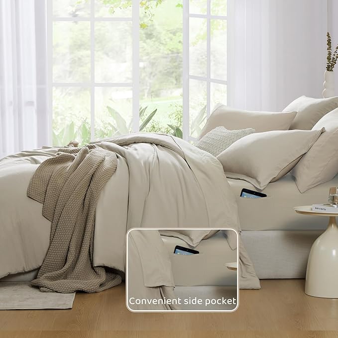 WRENSONGE Light Oatmeal Super King Comforter Set, 7 Pieces Soft Microfiber Comforters with Fitted Sheet, Flat Sheet, 2 Pillow Shams, and 2 Pillowcases- Warm Bedding Sets Super King for All Season