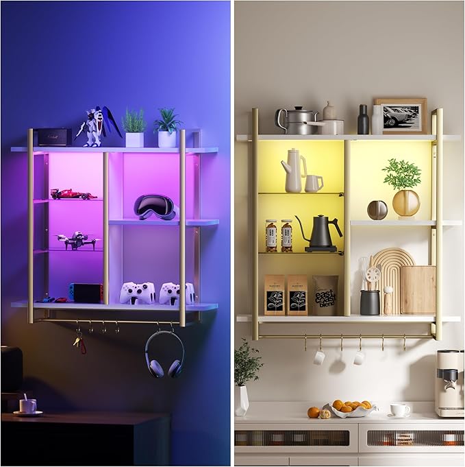 BELLEZE 40" Floating Shelves with LED Lights, 4-Tier Wall Mounted Shelf with Hooks for Kitchen, Bar, Living Room - MDF Display Rack for Coffee Bar, Books, Decor (Remote Control, 16 Colors + 32 Modes)