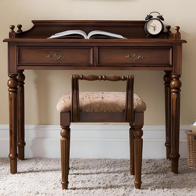 Mid-Century Home Office Desk with 2 Drawers,Vanity Dressing Table with Vanity Stool,Vanity Dressing Table with Storage for Bedroom Living Room(Khaki)