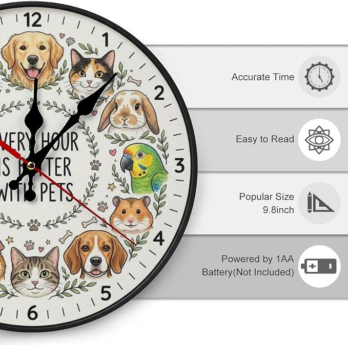 Cute Cartoon Pets Wooden Wall Clock Silent Non Ticking for Pet Lovers Home Decor Kitchen Living Room Bedroom Office Gift, Battery Operated Frameless 10/12 Inch