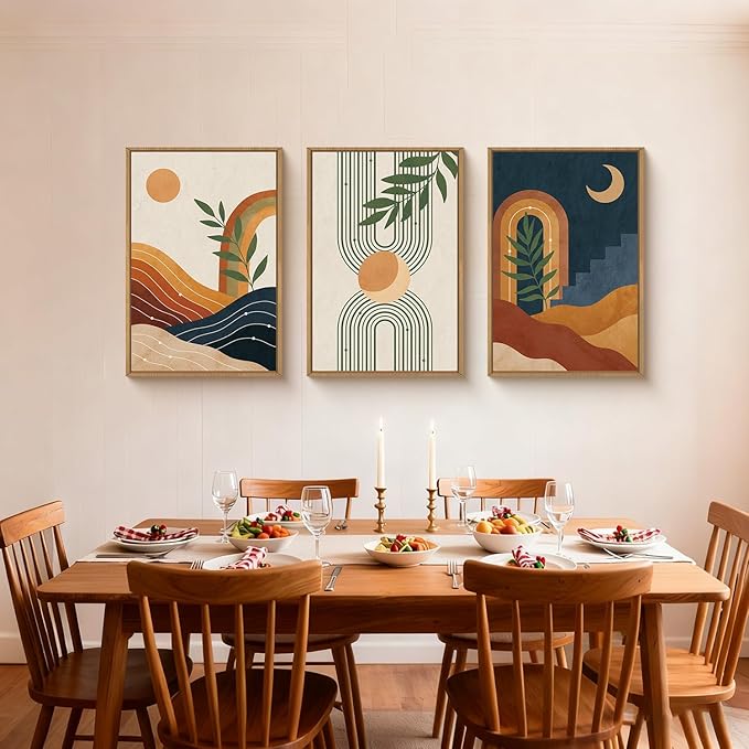 FWIEXA Vintage Boho Nature Framed Canvas Wall Art Set of 3, Minimalist Geometric Sun Moon Line Wall Prints, Abstract Green Leaf Painting,16x24In Modern Beige Navy Blue Artwork for Living Room,Bedroom