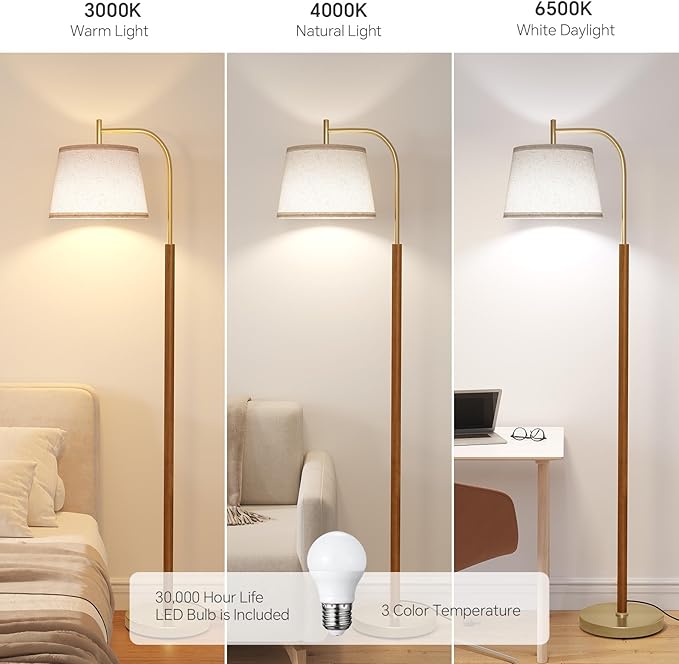 SUNMORY Wood Floor Lamp for Living Room, Mid Century Modern Floor Lamp with 3 Color Temperatures Bulb, Arc Standing Lamp with Adjustable Lampshade, Tall Reading Lamp for Bedroom, Corner, Office