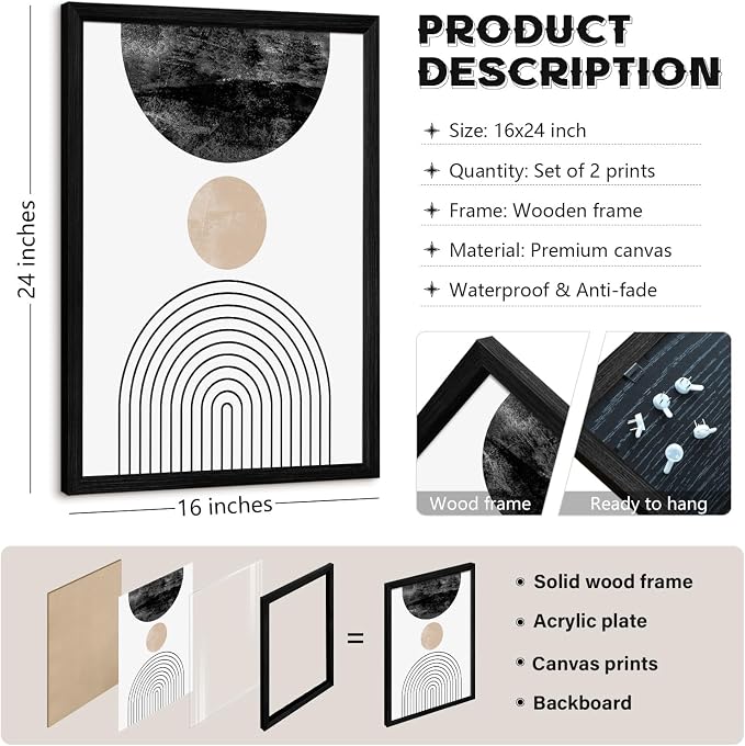 Mid Century Modern Wall Art Prints Set of 2 Neutral Abstract Geometric Wall Art Boho Canvas Prints Mid Century Eoind Wall Decor Modern Abstract Pictures Artwork for Home Room 16x24 Inch Black Framed