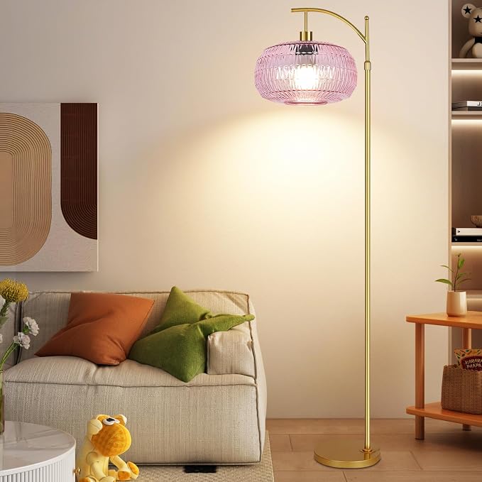 QIYIZM Pink Floor Lamp for Living Room,Bedroom,Gold Dimmable Standing Lamp with Remote,Mid Century Modern Brass Tall Lamp Boho Floor Lamps Arc Stained Glass Flower Floor Light Lamp Girls kids Bohemian