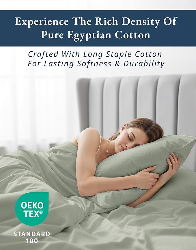 LANE LINEN 100% Egyptian Cotton Bed Sheets - 4PC Calking Sheets Set, Long Staple Cotton Bedding Sheet, Luxury Hotel Sheet Fits Upto 15" Mattress, Swiss Dot - Mineral