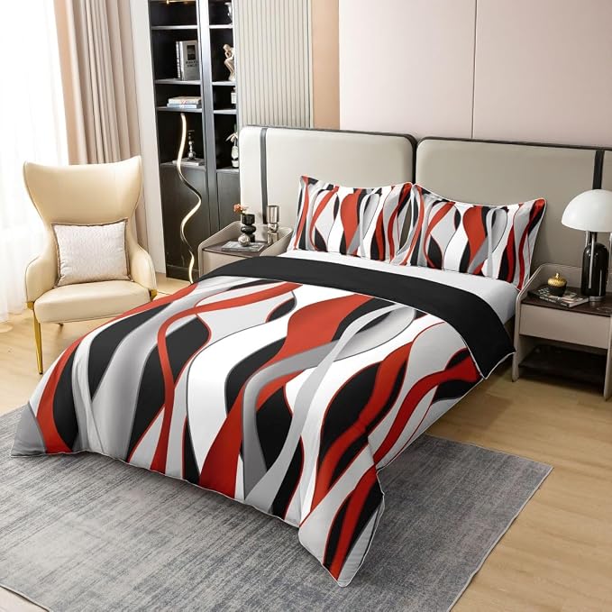 Erosebridal Red and Black 100% Cotton Duvet Cover Queen Red Geometric Striped Bedding Set for Kids Teens Adults Wave Lines Stripes Abstract Comforter Cover Minimalist Boho Modern Art Bed Set 3 Pcs