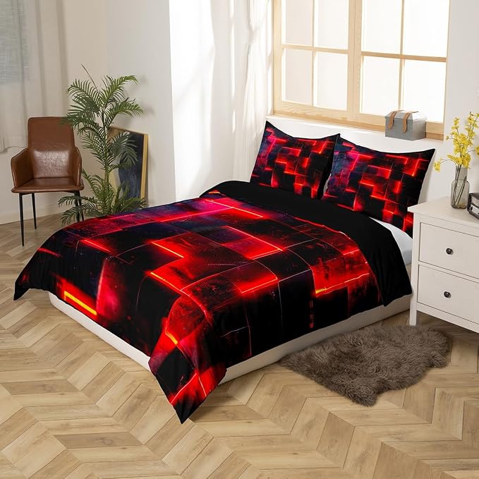 Black Red Abstract Comforter Cover Gradient Square Bed Set, Grid Queen Duvet Cover Neon Checkered Bedding Set Queen, Glowing Plaid Bedspread Cover 3D Modern Room Decor 3pcs (Black Reversible)
