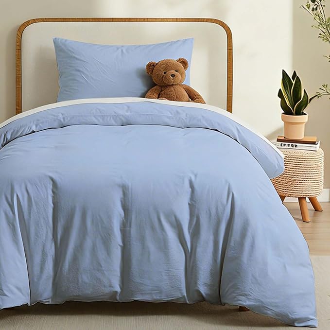 LOVQUE Light Blue Cotton Duvet Cover Twin Size, Linen Like Natural Bedding Set with Zipper Closure (No Comforter), 68x90 Inches