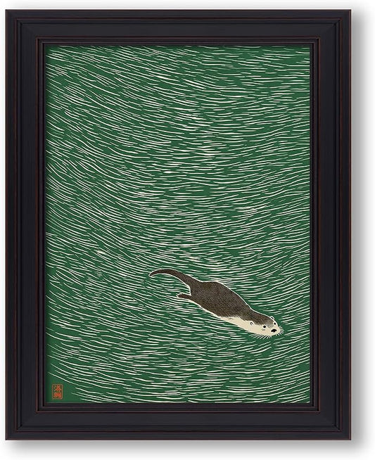Vintage Framed Japanese Otter Swimming Poster Funny Nature Wild Animal Pictures Retro Minimal Green Water Canvas Wall Art for Living Room Bedroom Bathroom 16x20 inch