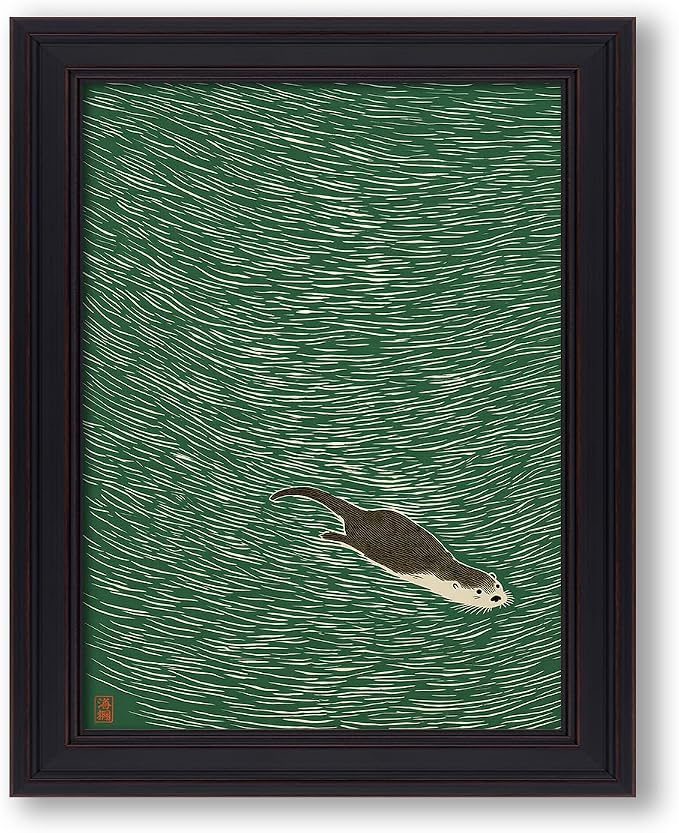 Vintage Framed Japanese Otter Swimming Poster Funny Nature Wild Animal Pictures Retro Minimal Green Water Canvas Wall Art for Living Room Bedroom Bathroom 08x10 inch