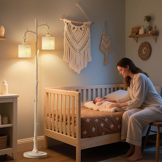 Floor Lamp for Living Room - 69" Rustic Farmhouse Tree Trunk Tall Lamp - Country Resin Vintage Reading Light with Linen Shade Standing Lamps for Bedroom Office Classroom Home Decor (Almond White)