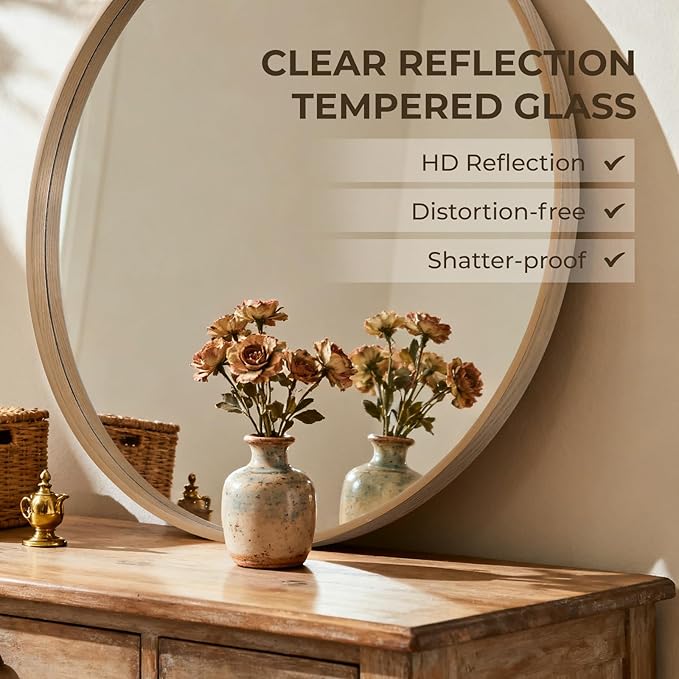 HOMECOOKIN Round Wood Mirror 32 inch Circle Wall Mirror for Bathroom, Vanity, Entryway, Living Room Decor, Natural Rustic Mirror