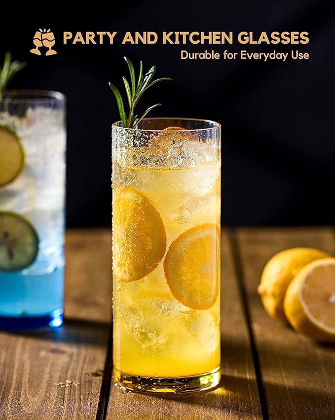 Colored Ribbed Highball Glasses Set of 4, Vintage Iced Tea Glassware, Tall Collins Glasses for Mojitos, Water, or Cocktails, Lightweight Lead-Free Crystal Drinkware (Style 2)