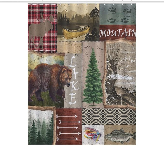 Retro Rustic Bear Shower Curtains, Vintage Deer Farmhouse Forest Cabin Lodge Woodland Adventure Cottage Country Waterproof Shower Curtains for Bathroom Decor 12 Pack Hooks 55x72in（140x183cm）