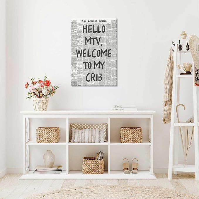 Drimiler Hello Mtv Welcome To My Crib Poster Vintage Black And White Newspaper Canvas Wall Art Positive Affirming 70'S Room Aesthetic Prints Painting For Home Bedroom Dorm Wall Decor 12x16in Wframed