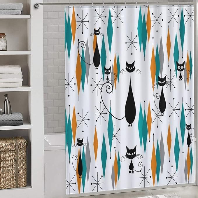 Mid Century Modern Cat Shower Curtain,Abstract Atomic Starburst Geometric Diamond Pattern Shower Curtains Set for Bathroom Fabric Decorative Bath Curtain Washable Curtain Hooks, 72x72”
