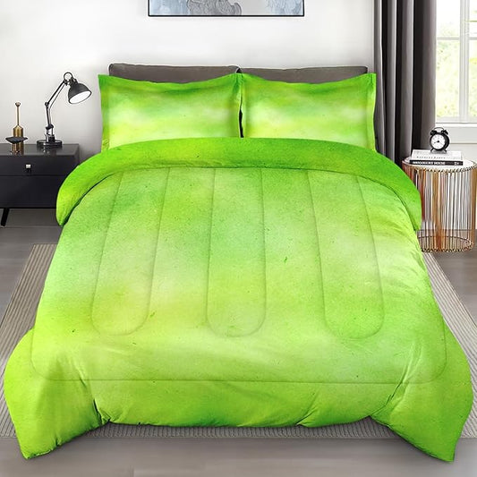 Comforter Set with 2 Pillowcases Queen Size, Modern Lime Green Lemon, Bed Decor Watercolor Pastel Dye Stained Abstract for Kids and Adults, Soft Cozy Bedroom Bedding Set