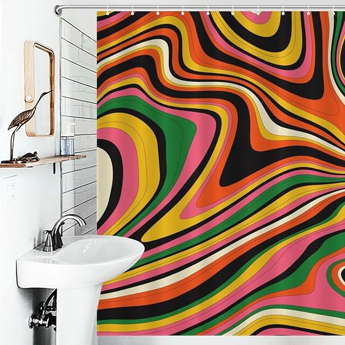 70s Groovy Shower Curtain, Vintage Retro Colorful Orange Wave Hippie Rainbow Abstract Swirl Aesthetic Boho Funky Trippy Bright Waterproof Fabric Bath Shower Curtain Set with Hooks, 72"x72" Inch