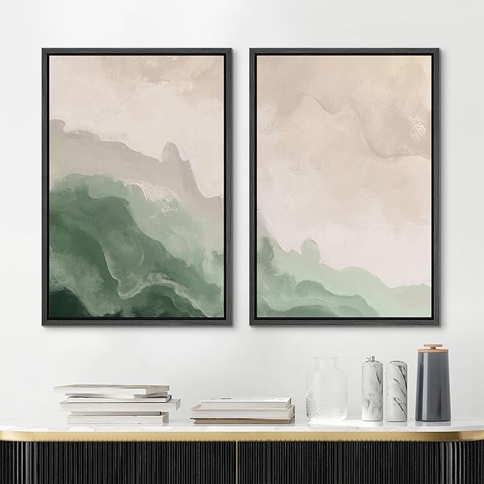 MUDECOR Framed Canvas Print Wall Art Soft Green and Beige Abstract Calming Watercolor Landscape Illustrations Modern Art Decorative Bohemian Chic for Living Room, Bedroom, Office - 24"x36"x2 Black