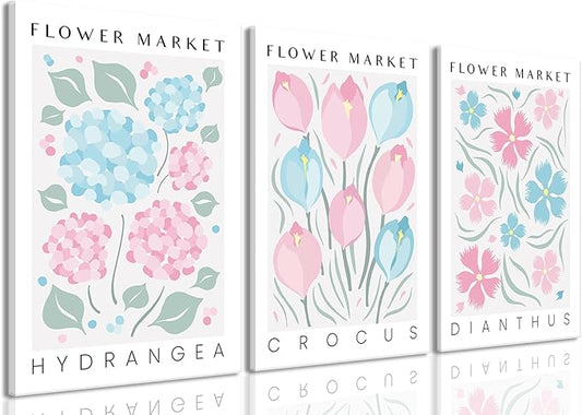BingruiArt Flower Market Wall Art Pink and Blue Canvas Boho Floral Wall Decor Botanical College Coquette Girly Preppy Posters Prints Pictures for Apartment Batroom Bedroom Dorm Room 3Pcs 16"x24" Framed