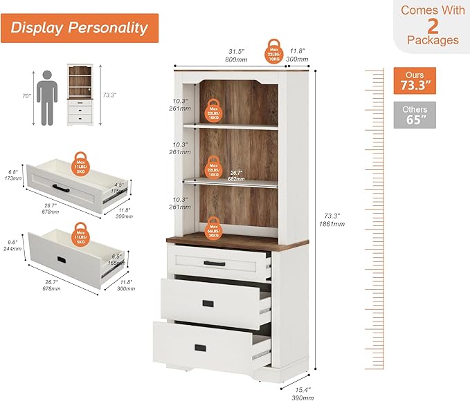 WAMPAT 73.3" Tall Bookcase with Chest of Drawers, 31.5 inch Wide Standing Rustic Bookshelves, Modern Farmhouse Display Storage Cabinet with Adjustable Shelves,Antique White