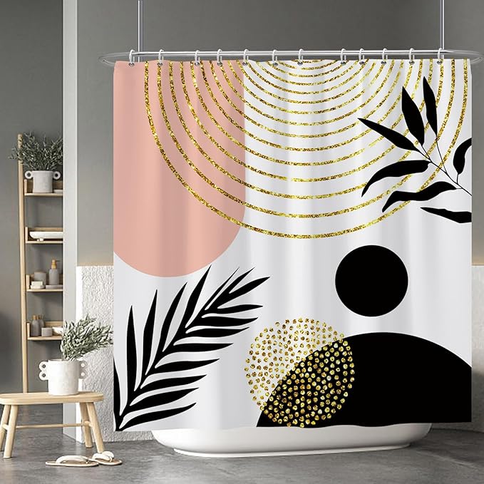 Baocicco Mid Century Shower Curtain Boho Sun Plant Leaves Modern Abstract Gold Geometric Shower Curtains for Bathroom Bathtubs Waterproof Fabric Shower Curtain with Hooks 72x72 Inches