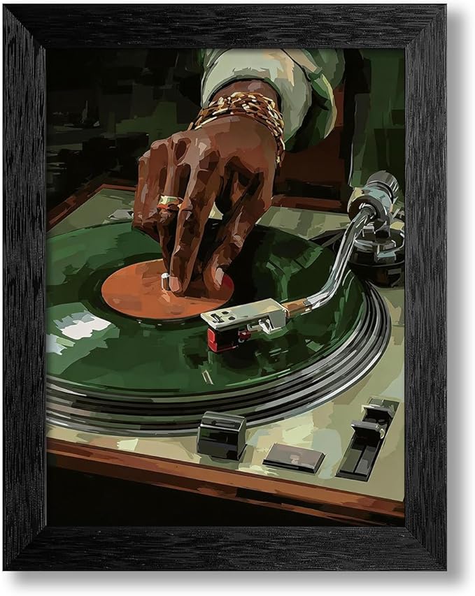 Music Vinyl Record Wall Art Modern African Black Woman Poster Retro Oil Painting Canvas Prints for Living Room Bedroom Dorm Wall Decor 012X16 inch Black Framed
