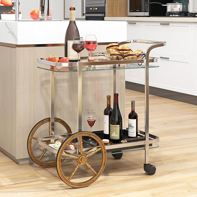 Tangkula Bar Cart for The Home, 2-Tier Rolling Tempered Glass Serving Cart, 2 Large Gold Aluminum Wheels & 2 Casters, Handle, Stainless Steel Frame, Modern Wine Cart for Kitchen Dining Room