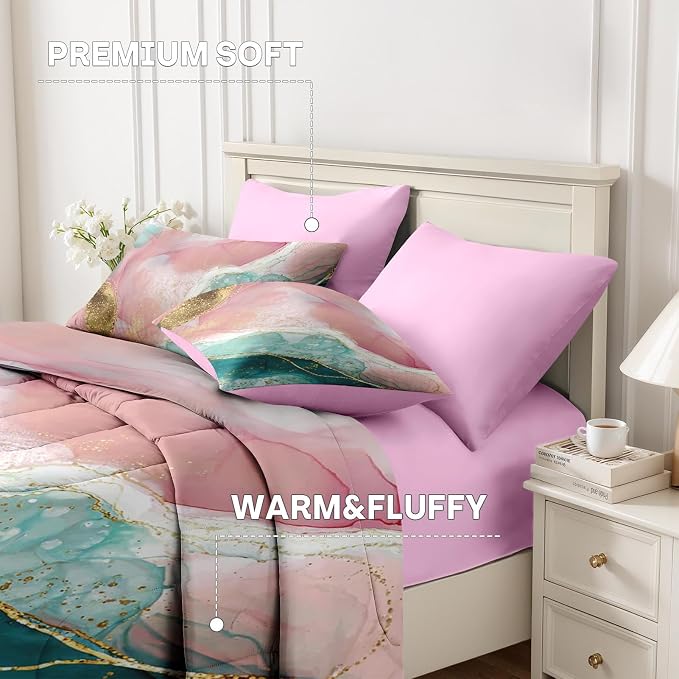 5Pcs Comforter Set Twin Size, Pink Teal Gold Marble, Bedding Decor Turquoise Rose Dye Abstract Bedroom Bed Set Flat Sheet Fitted Sheet Pillowcases Shams for Kids Adults