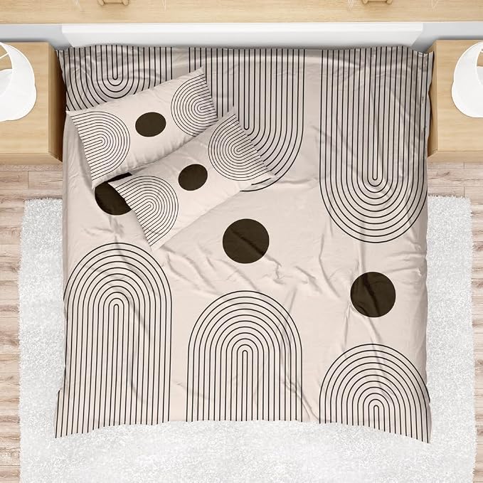 Mid Century Modern Duvet Cover King Boho Bedding Black Beige Abstract Geometric Bedding Set Comforter Cover Microfiber Soft Bedding Set 104"x88" Includes 1 Duvet Cover 2 Pillowcases