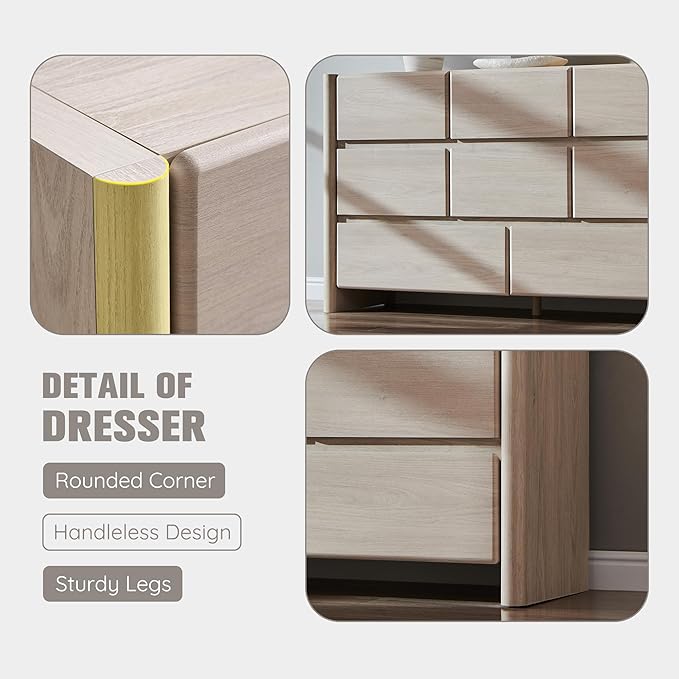 Modern 8 Drawers Dresser for Bedroom, 55" Wide Dresser w/Large Storage & Rounded Corner, Wood Handleless Chests of Drawers w/Natural Texture for Bedroom, Hallway, Living Room-Cream