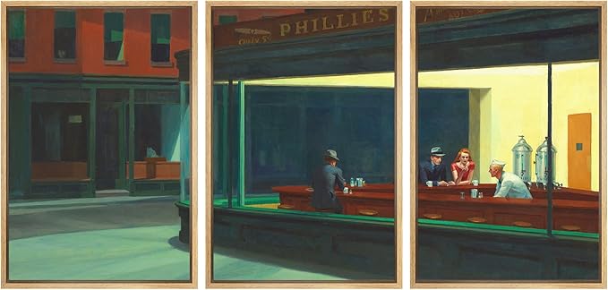 wall26 Framed Canvas Print Wall Art Set Nighthawks by Edward Hopper Cultural Historic Oil Painting Fine Art Reproduction Scenic Colorful for Living Room, Bedroom, Office - 16"x24"x3 Natural
