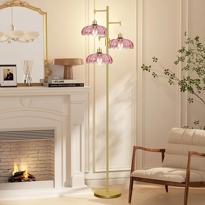 ZECOXOL Gold Floor Lamps for Living Room-3 Light Dimmable Floor Lamp with Three Bulbs & Glass Lampshape, Mid Century Modern Standing Lamp Tree Tall Flower Floor Lamp for Bedroom Living Room,Corner