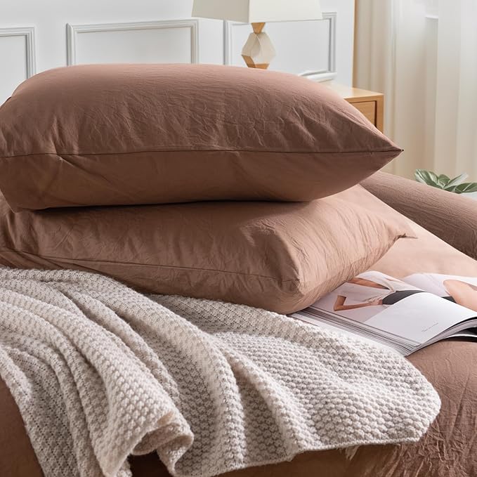 NEXHOME PRO Duvet Cover Set Queen Size Linen Textured Organic Natural 100% Washed Cotton Duvet Cover Mocha Brown 3 Pieces Bedding Set with Zipper Closure, Breathable, Soft (No Comforter)