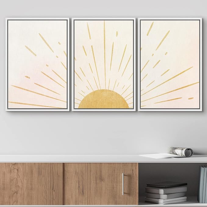 wall26 Framed Wall Art Print Set Shining Yellow Sun on The Horizon Geometric Nature Illustrations Modern Art Mid-Century Modern Colorful for Living Room, Bedroom, Office Natural - 16"x24"x3 White