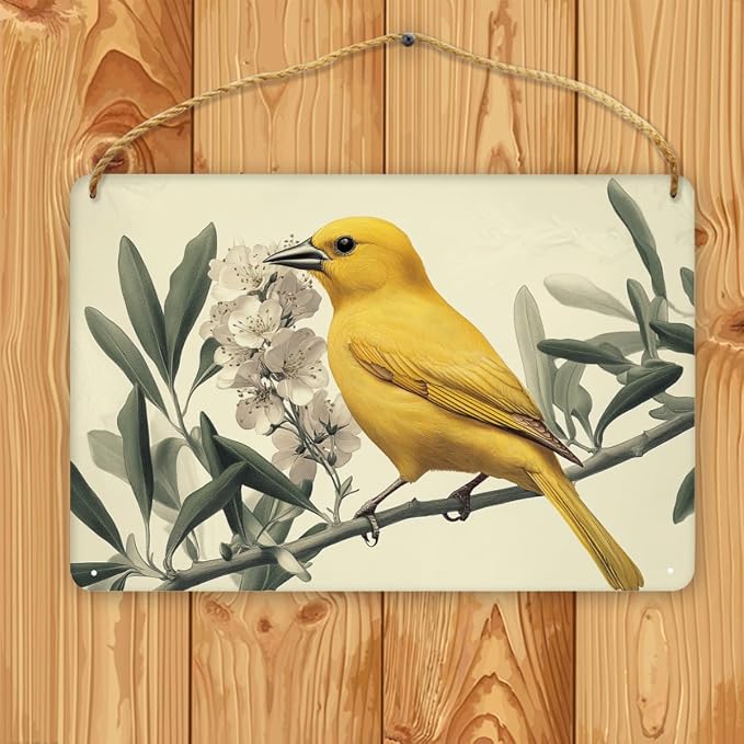 Artistic Retro Yellow Bird on Floral branches Wooden Wall Art, Botanical Home Decors for Vintage Lovers, 12x8 Inch Wood Sign to Add Charm to Your Study