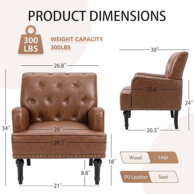 MOJAY Faux Leather Accent Chair Set of 2, Mid-Century Modern Living Room Chair Lounge Study Sofa Chair with Sturdy Wood Legs, Club Chair Armchair for Bedroom Home Study Reception (Brown)