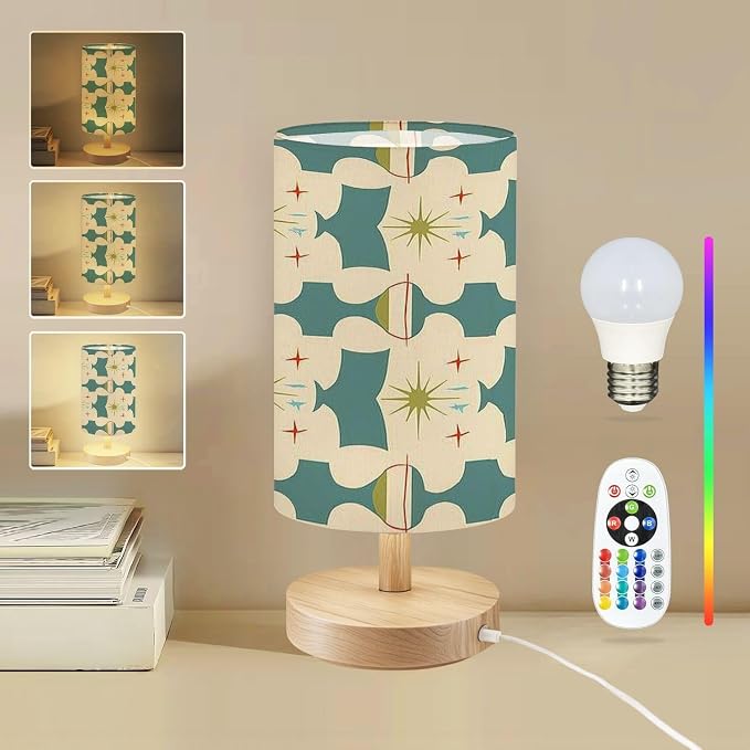 Bedside Table Lamp Retro Abstract Atomic Era Seamless Pattern 1950s 1960s 1970s modern 16-Way Dimmable Small Desk Lamp with Round Flaxen Fabric Shade for Nightstand Bedroom Living Room Home Decor