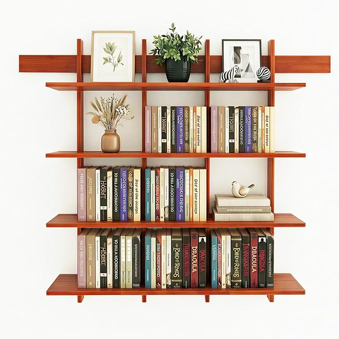 4-Tier Wall Mounted Bamboo Bookshelf, 43×52 Inch Large Floating Shelves with 600lbs Capacity, Rustic Farmhouse Heavy Duty Hanging Wall Shelf for Living Room, Coffee Bar, Book Storage, Kitchen, Brown