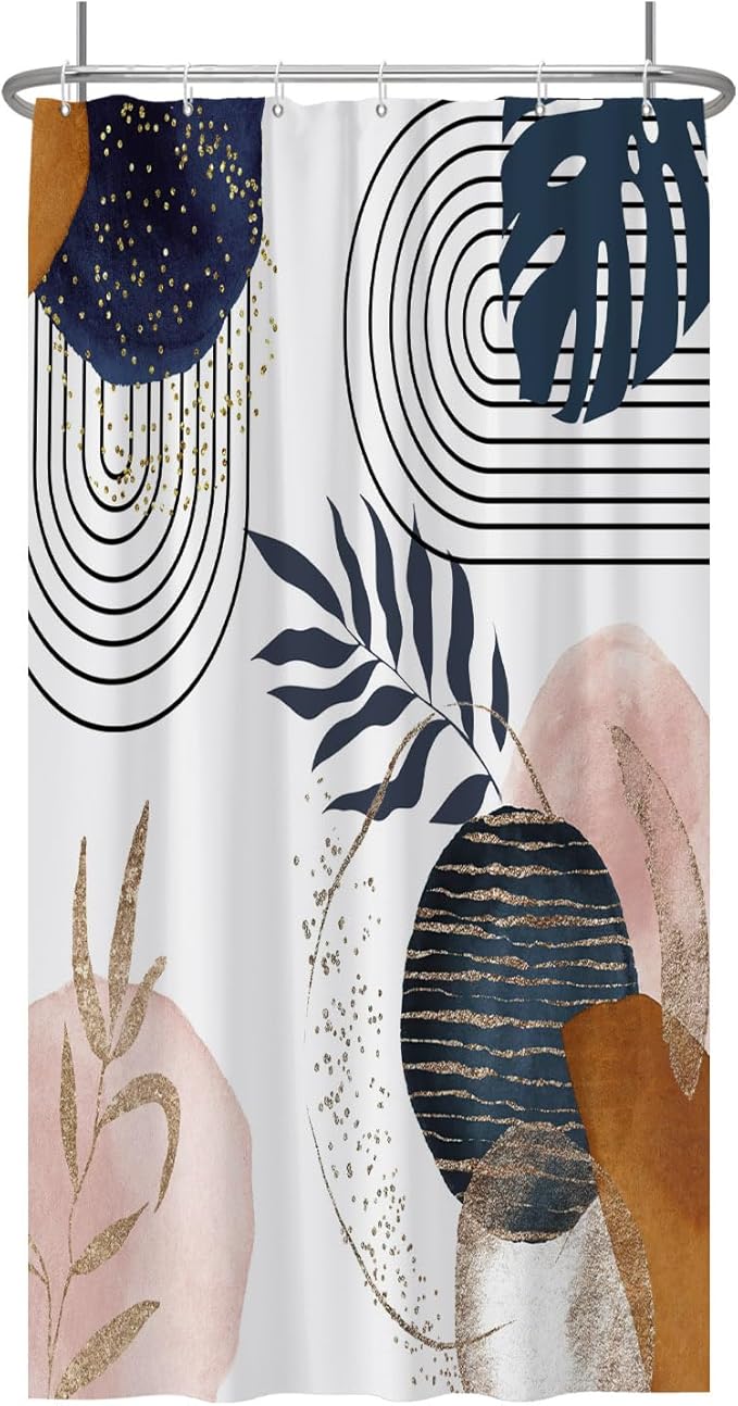 Baocicco Boho Shower Curtain Mid Century Navy Blue Gold Plant Leaves Modern Abstract Minimalist Shower Curtains Decorative for Bathroom Waterproof Fabric Shower Curtain with Hooks 36x72 Inches