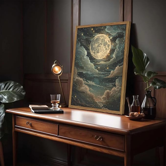 Dark Mystical Moon Wall Art Vintage Cottagecore Celestial Wall Decor Picture Moody Night Cloud Sky and Star Poster Canvas prints for Living Room Bedroom 16x24 inch Wood Framed