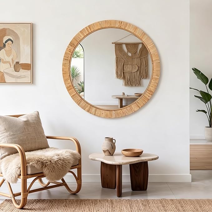 30"x30" inch Large Round Rattan Mirror for Wall, Boho Decorative Wicker Mirror Waterproof Synthetic Rattan Frame, for Bathroom, Bedroom, Living Room, Entryway