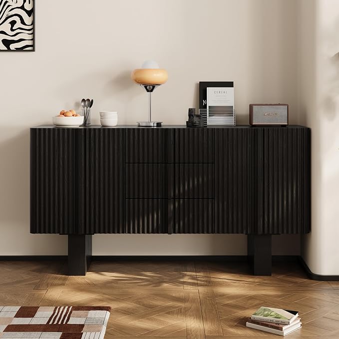 Rophefx 63" Buffet Cabinets with Storage, Wood Side Cabinet with 3 Drawers & 2 Doors, Mid-Century Modern Buffet Table with Anti-Tip Device & Foot Pads for Kitchen, Living Room, Dining Room(Black