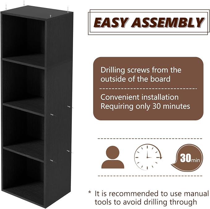 Wooden 4 Cube Storage Organizer, 4 Tier Storage Cubes Storage Display Cubby,Freestanding DIY Closet Shelving Unit for Living Room Bedroom Office(Black, 4 Cube-W(11.8inch)