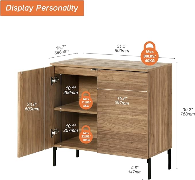 WAMPAT 31.5" Sideboard Buffet Cabinet with 2 Doors and Adjustable Shelves, Fluted Storage Cabinet, Modern Credenza Coffee Bar Wine Bar Table for Kitchen, Dining Room, Living Room, Light Walnut